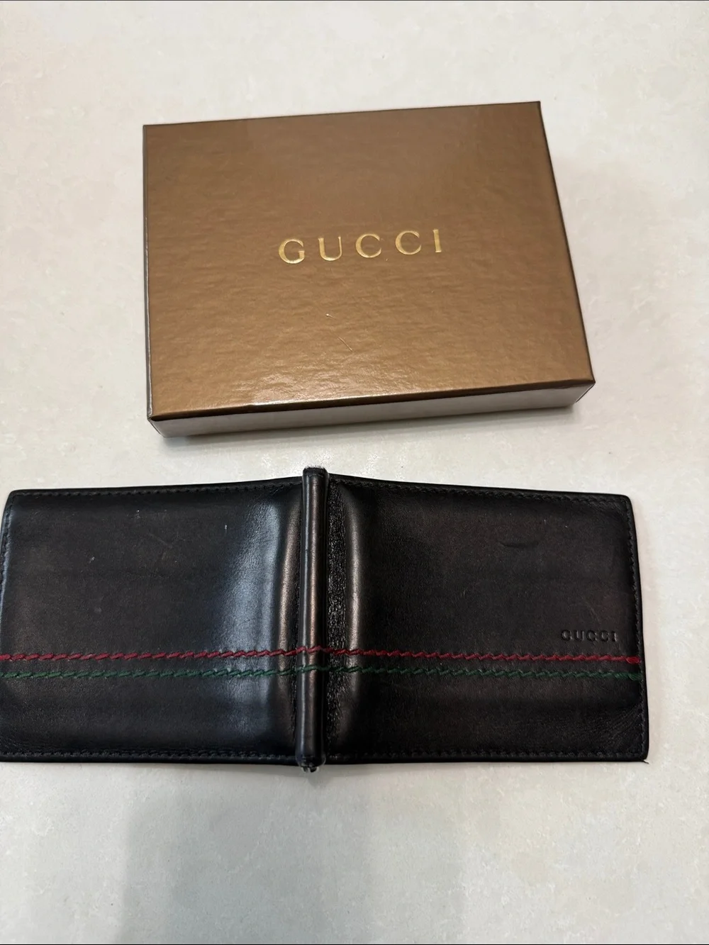 Gucci Black Leather Money Clip with Red & Green Stitching